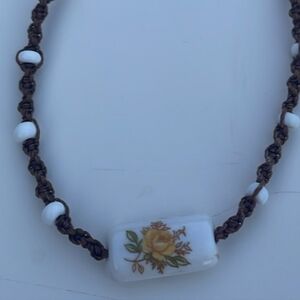 Elegant Floral Choker Necklace Macrame & Ceramic Beads. COTTAGE COASTAL